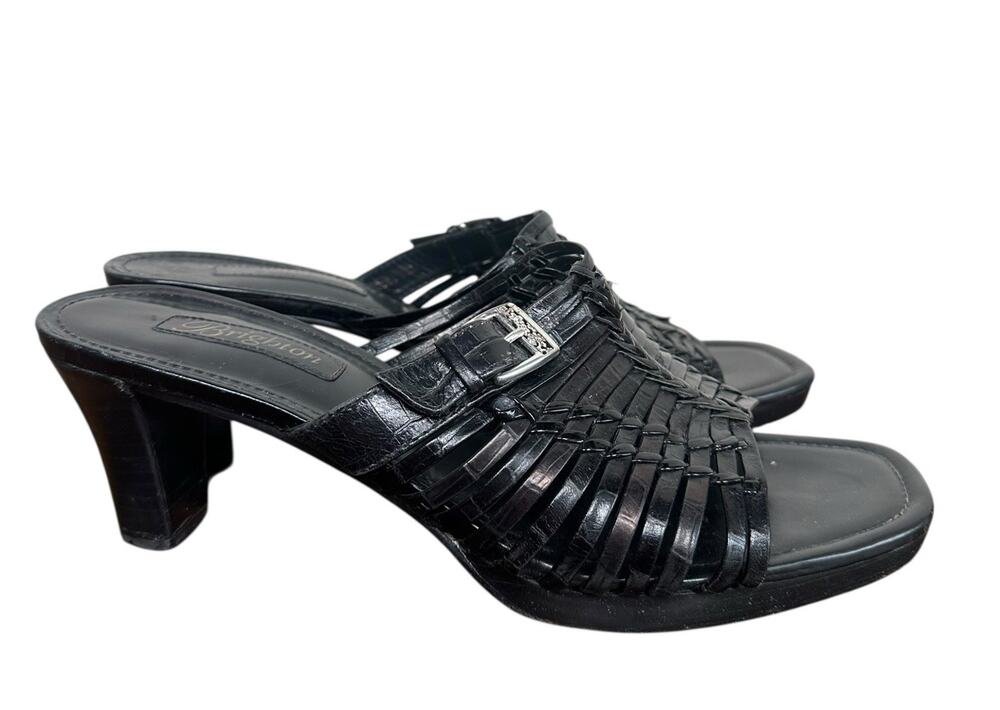 Brighton Peach Silver Buckle Strappy Black Leather Short Chunky Heels Size 9
